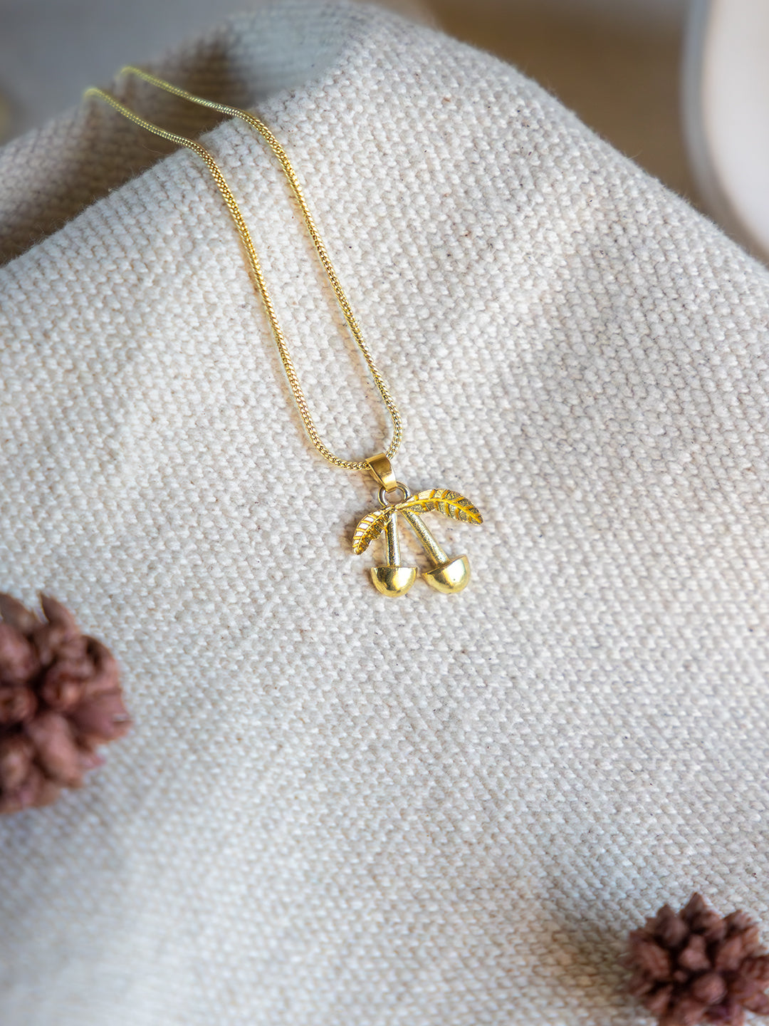 Golden Twin Cherries Brass Necklace (Anti Tarnish)