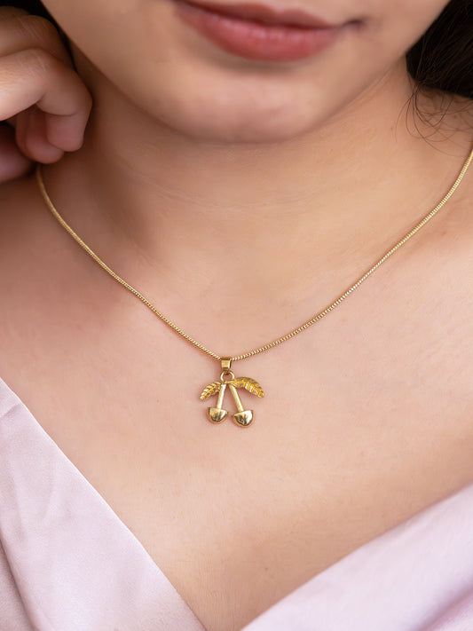 Golden Twin Cherries Brass Necklace (Anti Tarnish)