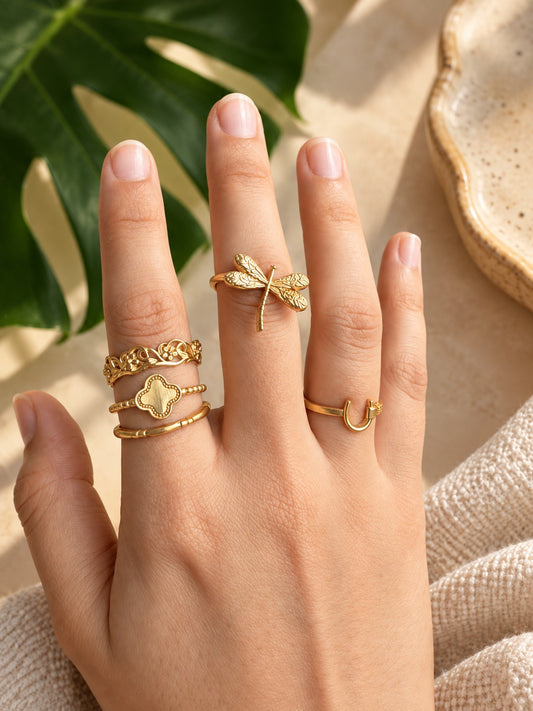 Butterfly Bloom Brass Adjustable Ring Stack (Anti Tarnish) - 5  Rings