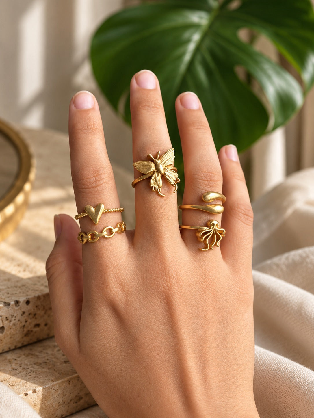 Flutter Brass Adjustable Ring Stack (Anti Tarnish) - 5  Rings