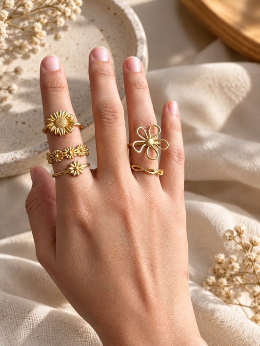 Daisy Garden Brass Adjustable Ring Stack (Anti Tarnish) - 5  Rings