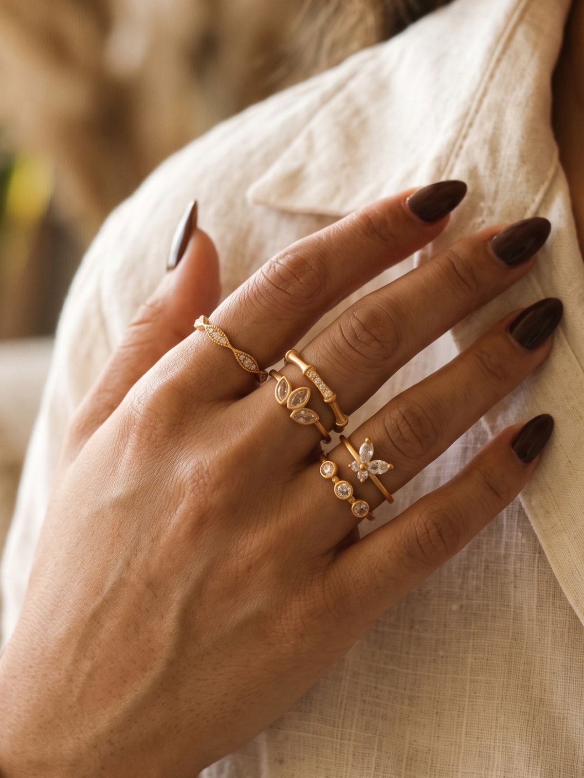 Crystal Charm Brass Ring Stack (Anti Tarnish) - 5  Rings