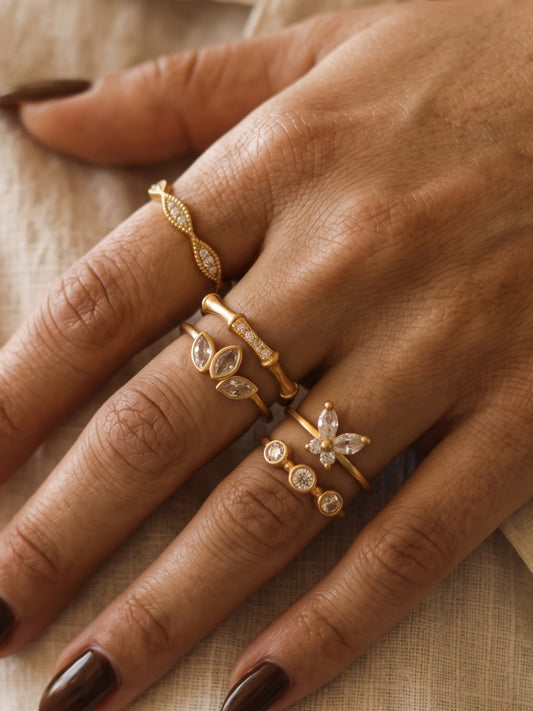 Crystal Charm Brass Ring Stack (Anti Tarnish) - 5  Rings