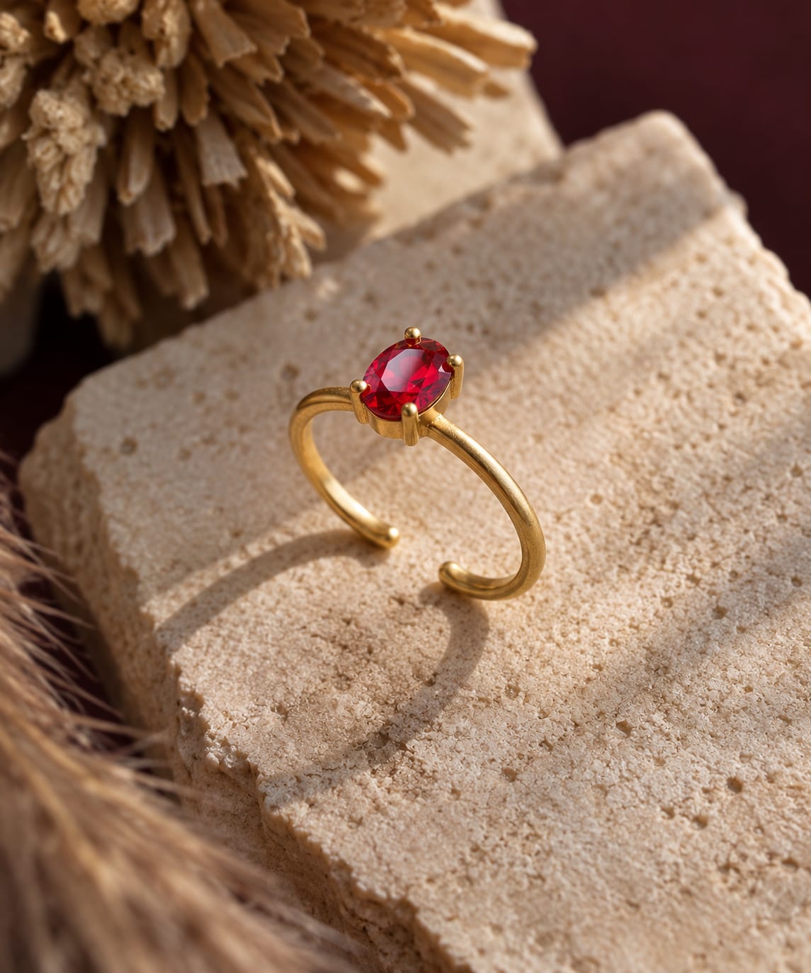 Red Muse Solitaire Adjustable Brass Ring (Anti Tarnish)