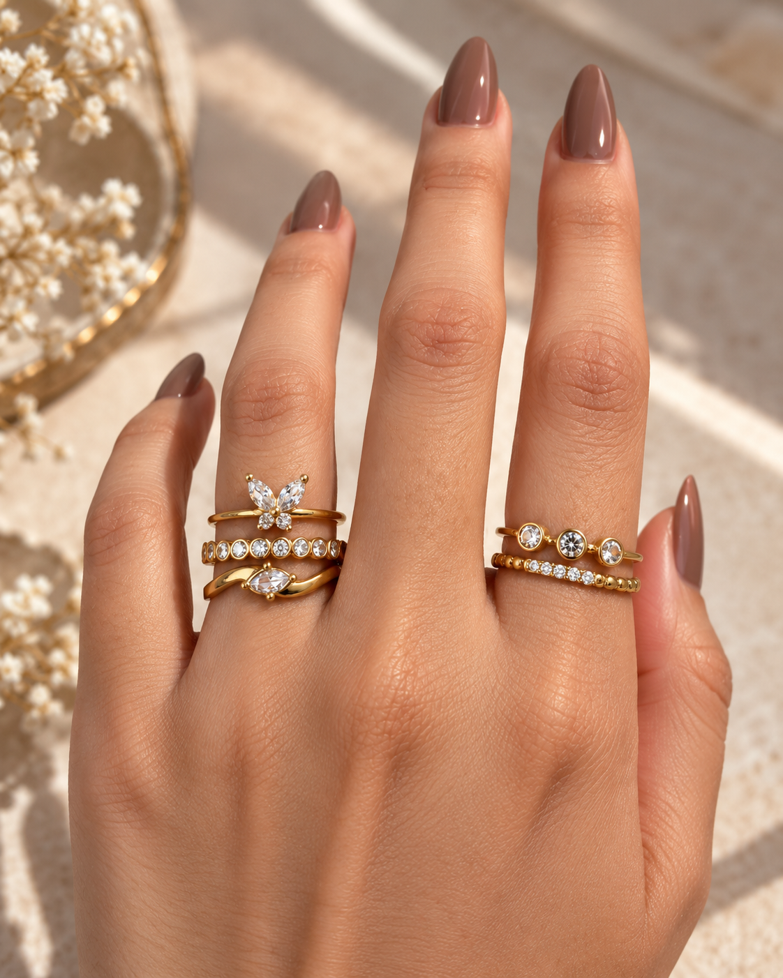 Bella Adjustable Brass Ring Stack (Anti Tarnish) - 6 Rings