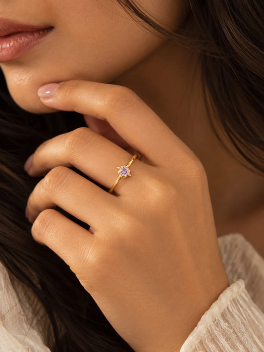 Lilac Solitaire Adjustable Brass Ring (Anti Tarnish)