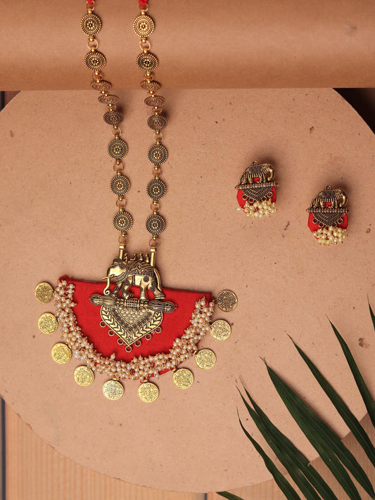 Lal Hathi Fabric Necklace Set (Earring + Necklace)