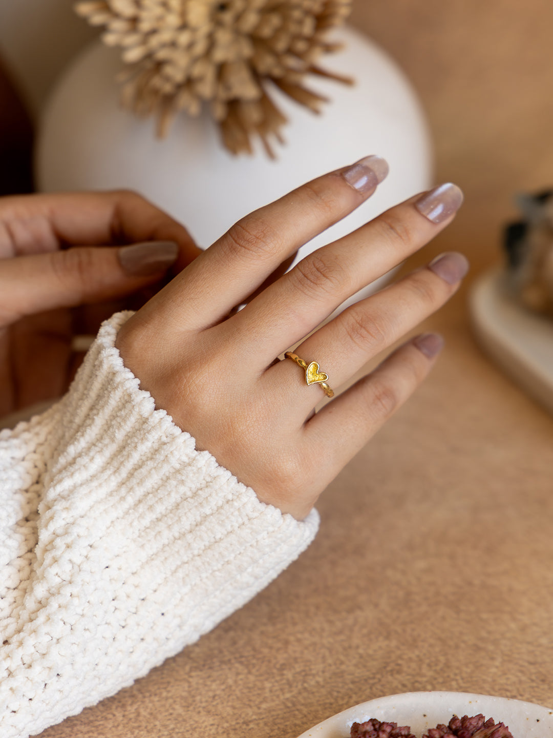 Amber Heart Brass Adjustable Ring (Anti Tarnish)