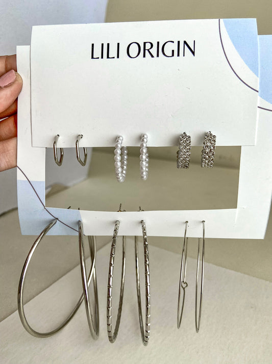 6 Pair Sparkling Big Hoop Silver Earrings - Lili-Origin